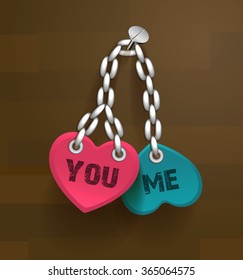 Illustration of two connected hearts with gray words "me" and "you".