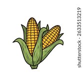 illustration of two corn cobs side-by-side with fresh green husks. Ideal for farm market branding, food packaging, or agriculture-themed content