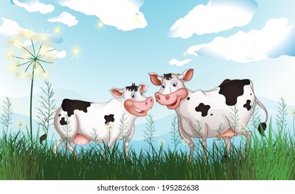 Illustration of the two cows at the grassland