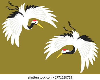 Illustration of two cranes flying downward