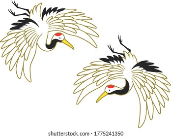 Illustration of two cranes flying downward (golden outline)
