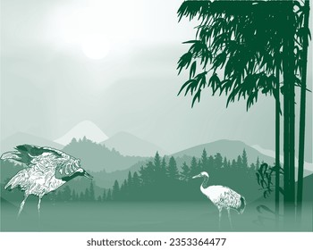 ilustración con dos grúas en montañas sobre fondo cyan