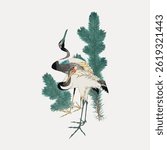 Illustration of two cranes standing gracefully among green pine trees. The cranes are elegantly posed, showcasing their long necks and delicate feathers. Vintage bird illustration, animal vector.