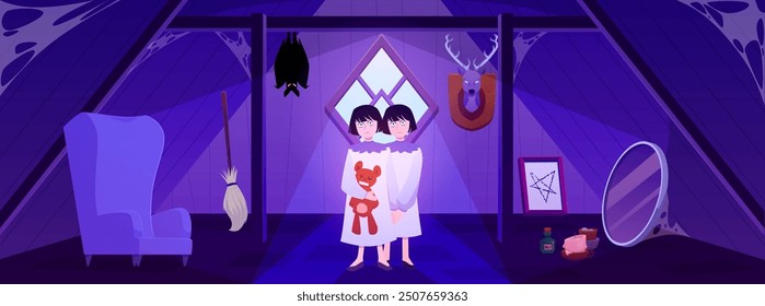 Illustration of two creepy ghost twins kids holding a toy against the background of an old attic with furniture, cobwebs, and a bat. Wandering ghost in a horror house. Halloween theme. Flat style.