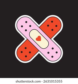 Illustration of two crossed band-aids, one pink, one red, with a heart in the center, on a black background. Simple, colorful, medical-themed design. Cute illustration vector.
