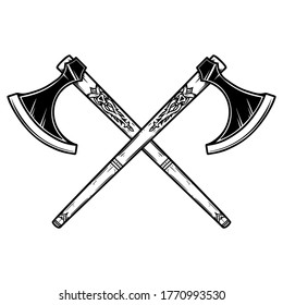 Illustration of two crossed viking axe in engraving style. Design element for logo, emblem, sign, poster, card, banner. Vector illustration