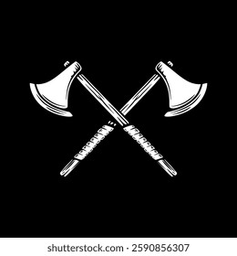 Illustration of two crossed viking axe in engraving style. Design element for logo, emblem, sign, poster, card, banner. Vector illustration