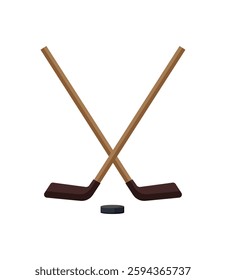 Illustration of two crossed wooden hockey sticks with a black puck placed below them on a white background.