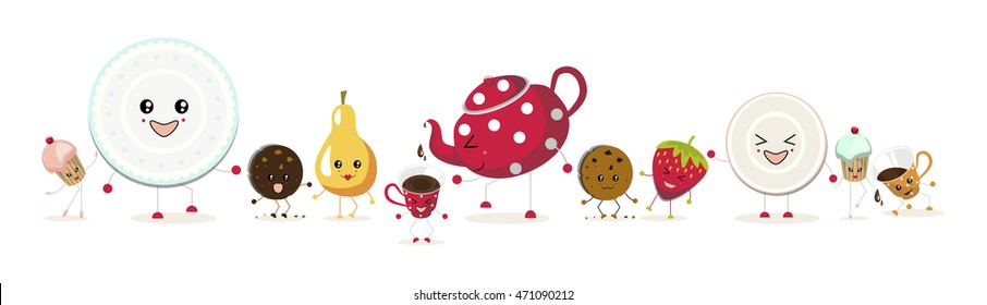 The illustration. Two cupcakes, a red teapot with white polka dots, two cups , two cookies, a pear,a strawberry, a plate and saucer dancing in different poses and with different expressions on faces.