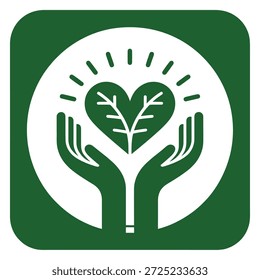 Ilustración de dos manos ahuecadas sosteniendo una hoja verde en forma de corazón con ramas que irradian luz que simboliza el crecimiento y el cuidado de la naturaleza