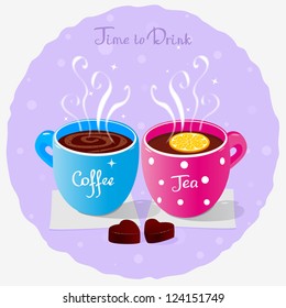 illustration of two cups of coffee and tea and sweets