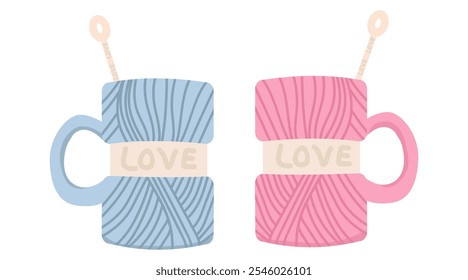 Illustration of two cups in the form of skeins of thread, with the inscription love, Knitting needles, knitting, tea, Valentine's Day, vector