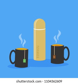 illustration of two cups of tea with tea bags inside and closed thermos with hot drink. Isolated picture. Cartoon style