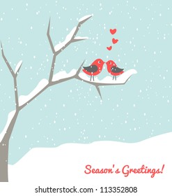 Illustration Of Two Cute Birds In Love At Winter Time.