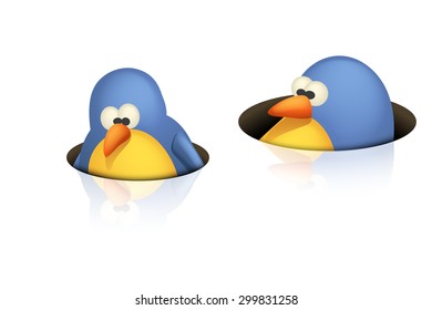 illustration of two cute birds peeping from black holes on white background