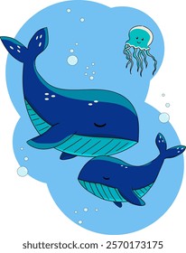 Illustration of two cute blue whales swimming together.