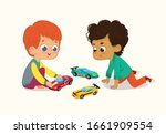 Illustration of two Cute Boys Playing with Their Toys Cars. Red hair boy shows his Toy Cars to His African-American Friend.