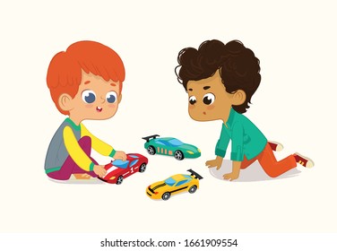 Illustration of two Cute Boys Playing with Their Toys Cars. Red hair boy shows his Toy Cars to His African-American Friend.