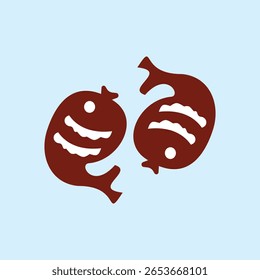 Illustration of two cute brown fish with unique patterns on their bodies, facing opposite directions on a light blue background, suitable for marine themes, decorations and creative designs.
