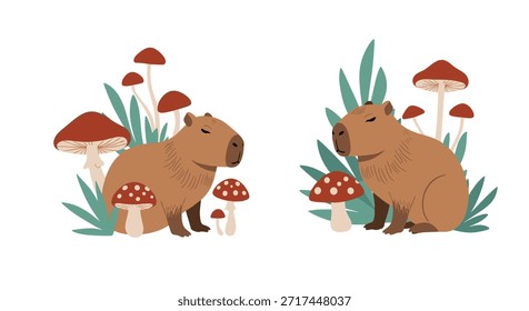 Ilustración de dos lindos capibaras sentados por separado entre varios hongos rojos y blancos y follaje verde del bosque en blanco.