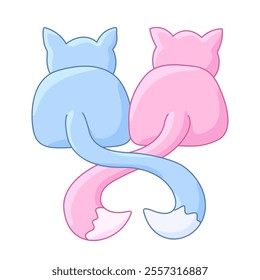 An illustration of two cute cartoon cats sitting back to back with intertwined tails, perfect for Valentine’s Day or friendship themes