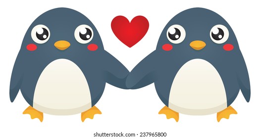 Illustration of two cute cartoon penguins holding flippers. Eps 10 Vector.