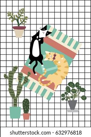 Illustration with two cute cats on carpet
