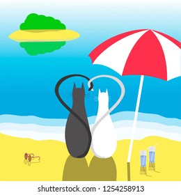 illustration of two cute cats sitting on the beach