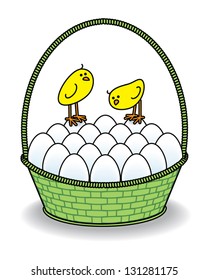 Illustration of Two Cute Chicks in a Green Basket full of White Eggs on White Background