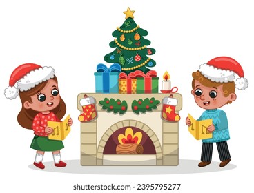 Illustration of Two Cute Christmas Carols Near the Fireplace.