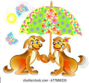 Illustration of two cute dogs holding umbrella. Vector cartoon image.