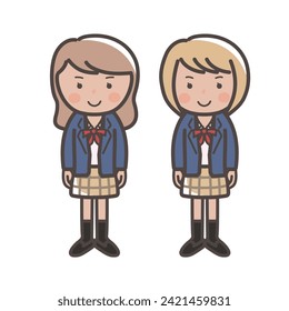 Illustration of two cute gal-style high school girls in winter uniforms