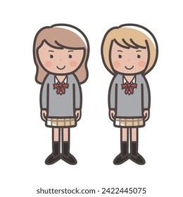 Illustration of two cute gal-style high school girls wearing knitted vest uniforms