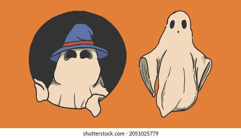 Illustration of two cute ghosts on halloween on orange background