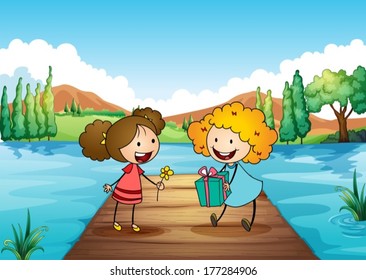 Illustration of the two cute girls exchanging gifts at the river