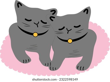 An illustration of two cute gray kittens cuddling and falling asleep.