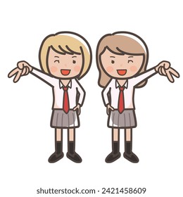 Illustration of two cute high school girls doing gal peace with smiles