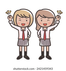 Illustration of two cute high school girls who are smiling and doing a fist pump