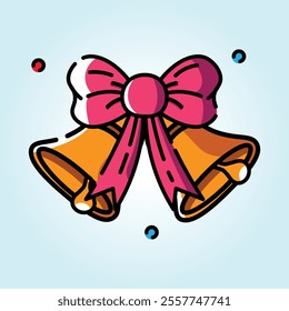 Illustration of two cute jingle bells tied together with a big pink bow. Perfect for holiday greetings