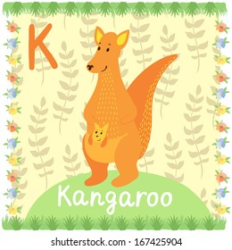 Illustration of two cute kangaroos on the background with floral elements. Vector card of animal alphabet