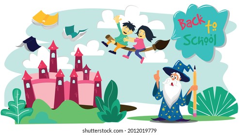 Illustration of two cute kids with flying broom and flying books go back to school above castle and mage-magician-witch