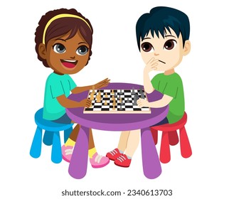 Illustration of two cute little children playing chess board game having fun together. School activity on leisure time back to school concept