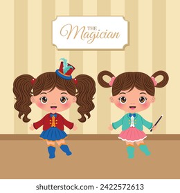 Illustration of two Cute Little Girl Magician