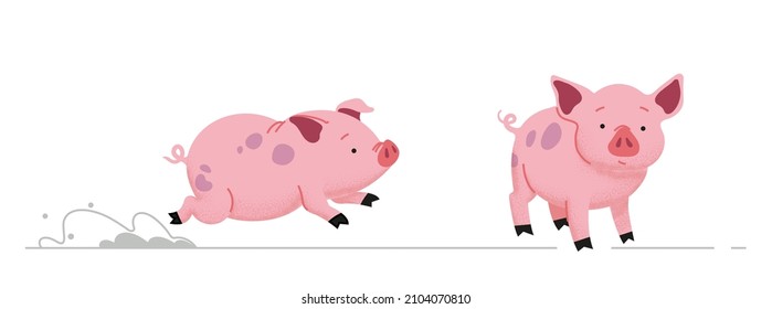 Illustration of two cute pigs. Healthy, free-range piglets living on a farm. Cute illustrations for children's books.