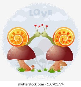 Illustration of two cute snail on mushrooms