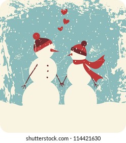  Illustration of two cute snowmen in love holding hands.