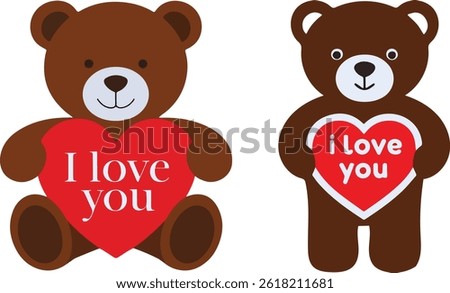 Illustration of two cute teddy bears holding red hearts with "I love you" text. Perfect for Valentine's Day and romantic themes.