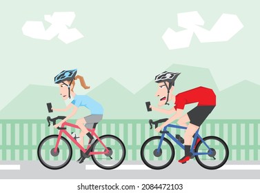 Ilustración de dos ciclistas usando el teléfono mientras viajan en bicicleta
