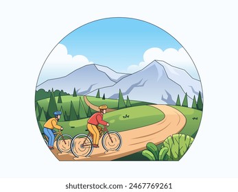Illustration of two cyclists enjoying a ride on a winding path in the countryside, with beautiful natural scenery and majestic mountains towering in the distance under a bright blue sky
