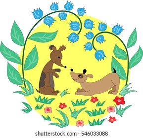 illustration of two dachshunds playing in the grass under blue flowers in the sun
